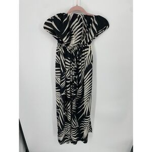 True Destination Jumpsuit Women XS Black Ivory Leaf Print Wide Leg Vacation NWOT